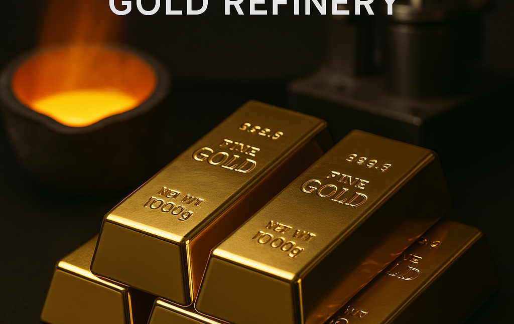 Four stacked gold bars and molten gold crucible at Koinonia Gold Refinery, symbolizing purity and precision in gold refining.