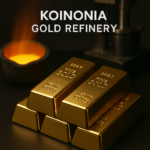 Four stacked gold bars and molten gold crucible at Koinonia Gold Refinery, symbolizing purity and precision in gold refining.