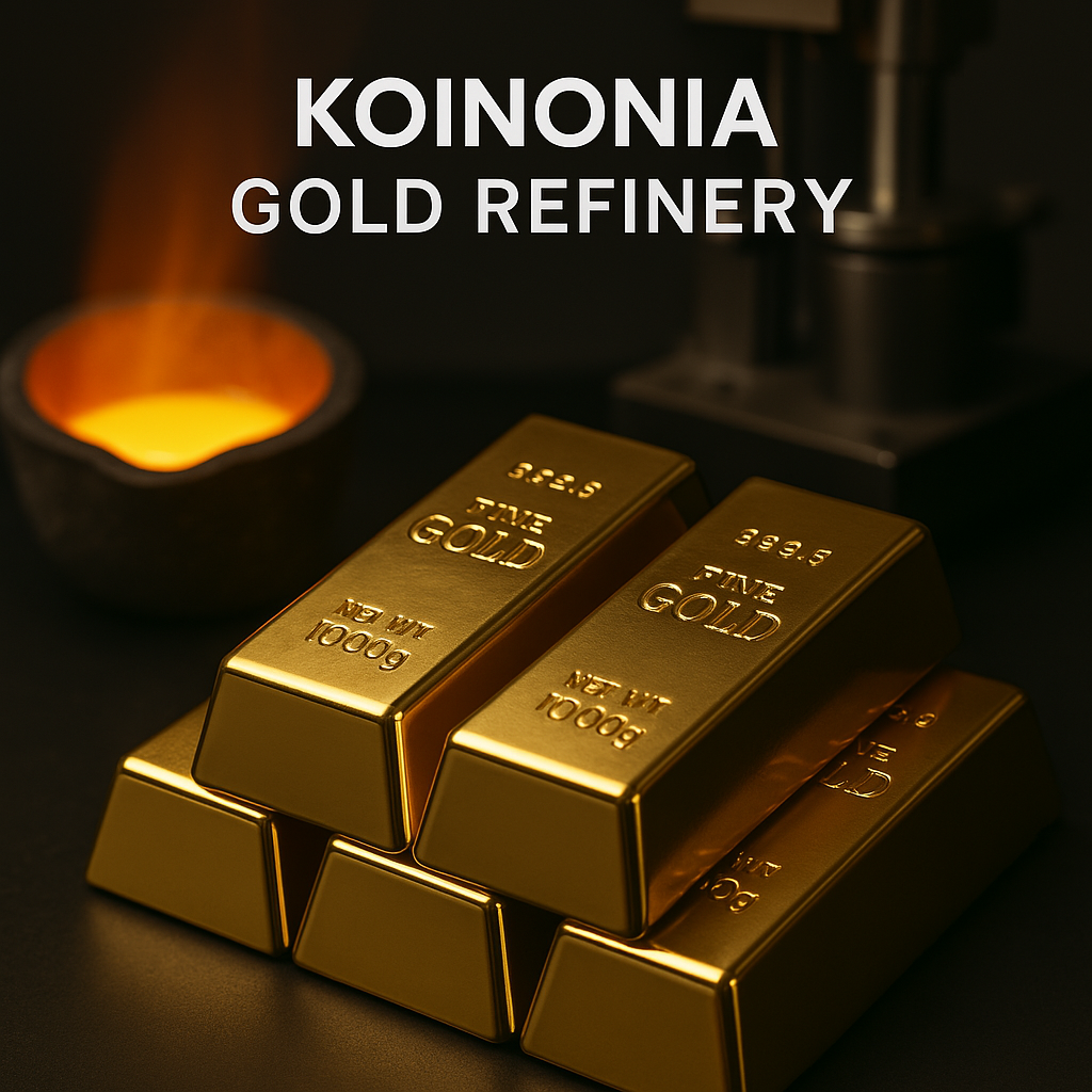 Four stacked gold bars and molten gold crucible at Koinonia Gold Refinery, symbolizing purity and precision in gold refining.