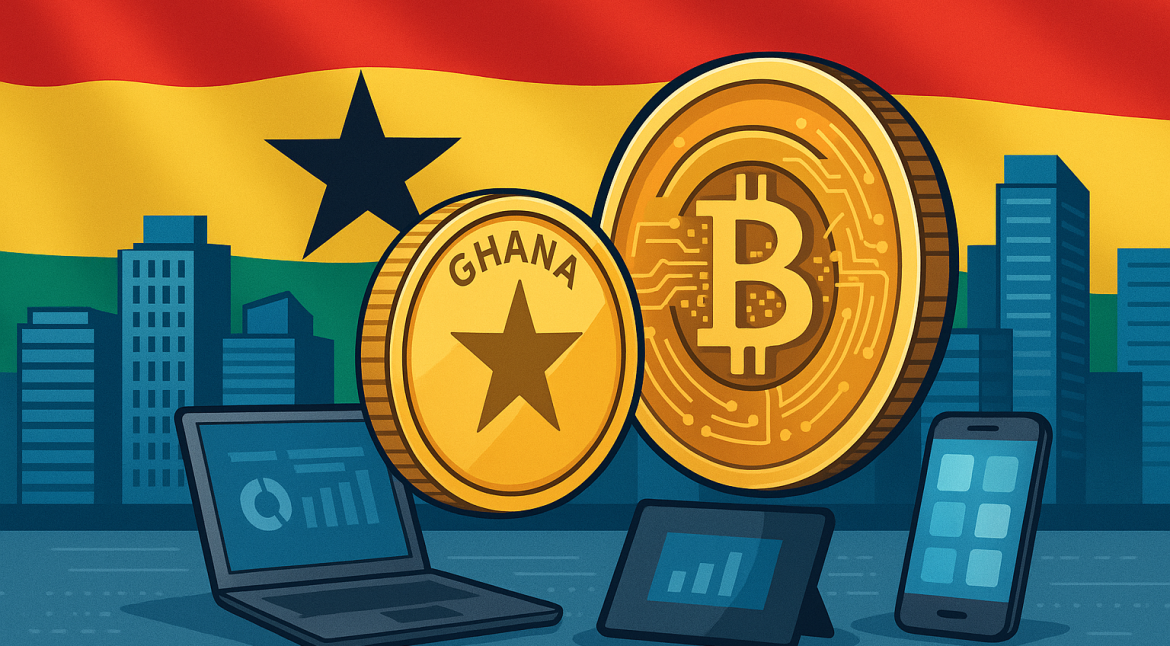 Digital illustration representing Gold vs Real Estate in Ghana in a futuristic Accra skyline.