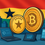 Digital illustration representing Gold vs Real Estate in Ghana in a futuristic Accra skyline.