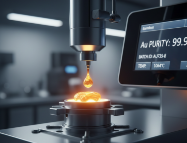 Close-up of gold sample being tested for purity with digital measurement display showing 99.99 percent