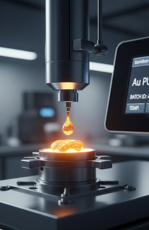 Close-up of gold sample being tested for purity with digital measurement display showing 99.99 percent