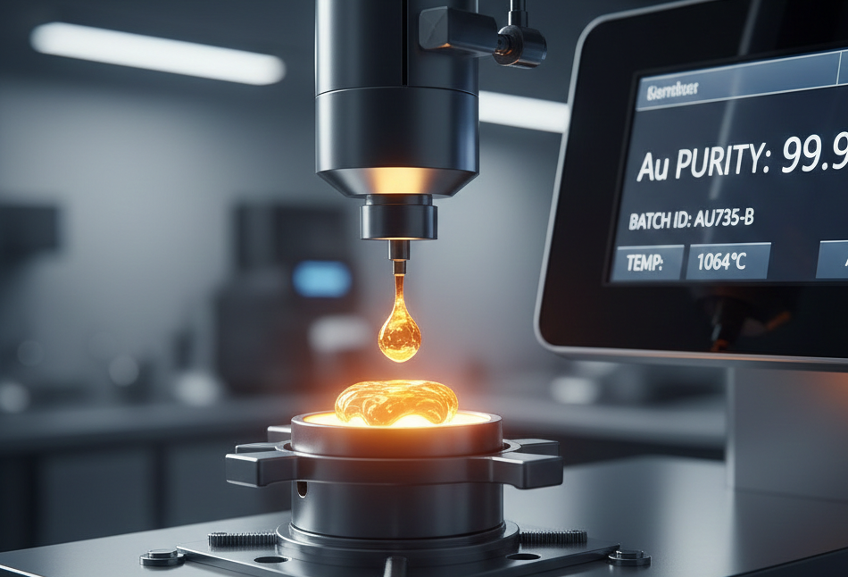 Close-up of gold sample being tested for purity with digital measurement display showing 99.99 percent