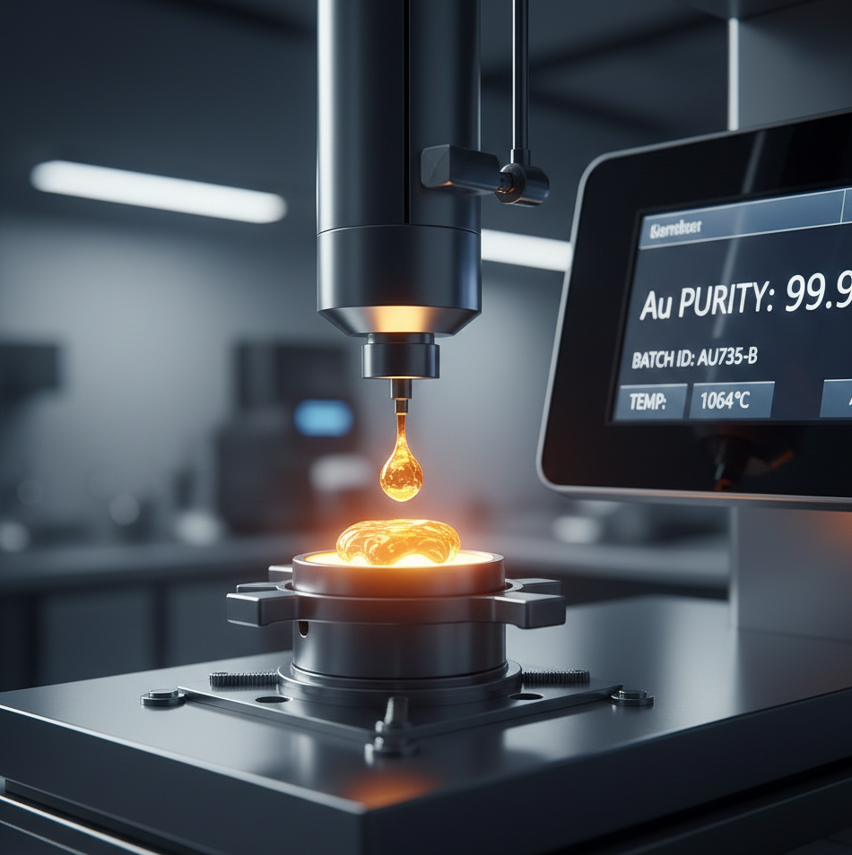 Close-up of gold sample being tested for purity with digital measurement display showing 99.99 percent