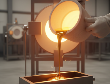 Glowing molten gold being poured during refining process in controlled industrial environment