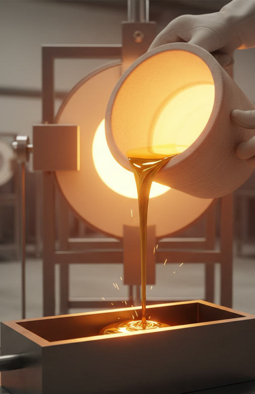Glowing molten gold being poured during refining process in controlled industrial environment