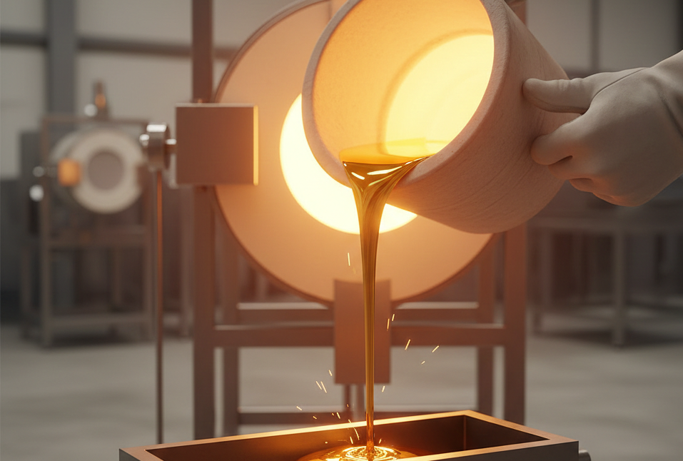 Glowing molten gold being poured during refining process in controlled industrial environment