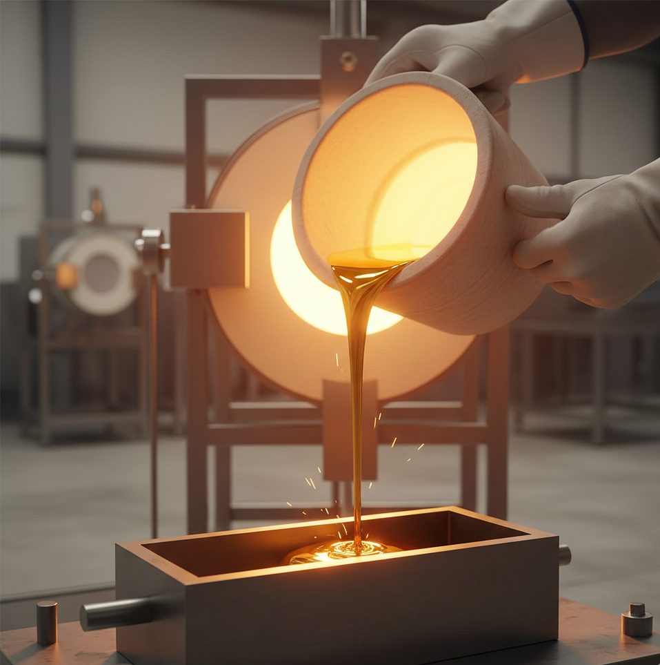 Glowing molten gold being poured during refining process in controlled industrial environment