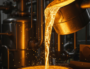 Glowing molten gold being poured during refining process in controlled industrial environment
