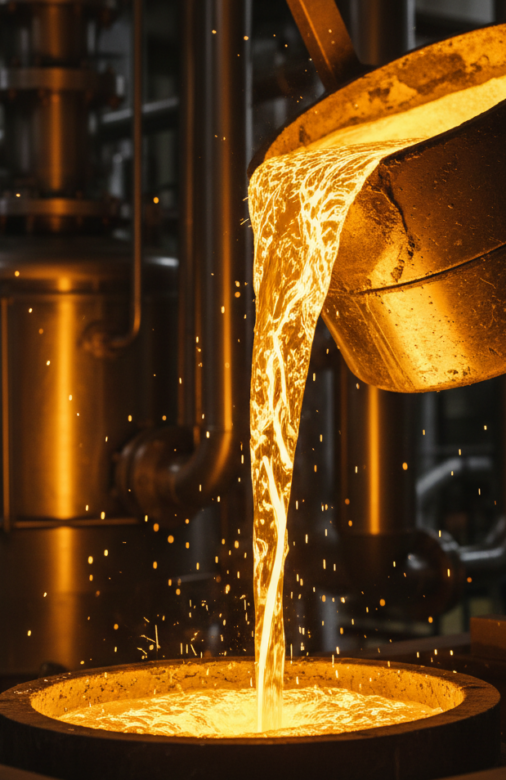 Glowing molten gold being poured during refining process in controlled industrial environment
