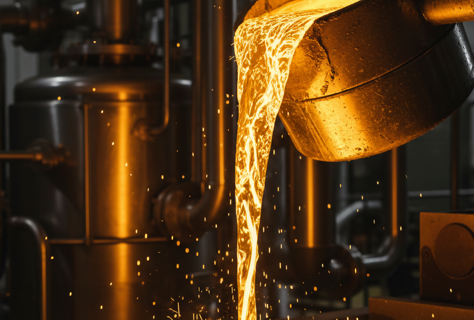 Glowing molten gold being poured during refining process in controlled industrial environment
