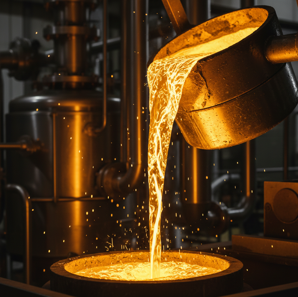 Glowing molten gold being poured during refining process in controlled industrial environment