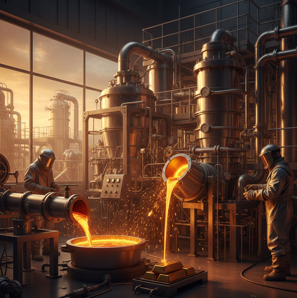 Molten gold flowing through advanced gold refining machinery inside industrial refinery