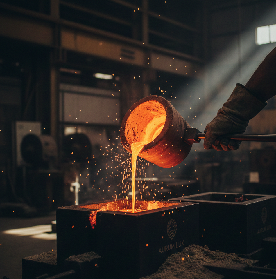 Molten gold flowing through advanced gold refining machinery inside industrial refinery