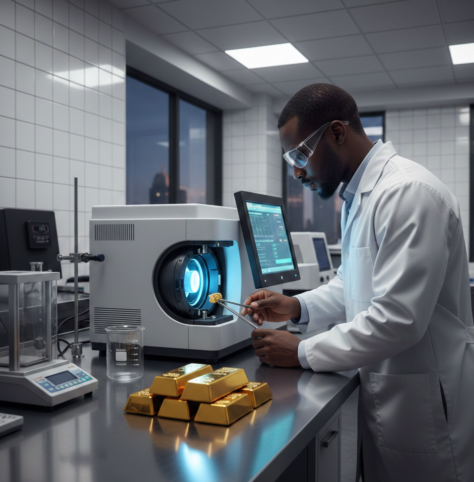 Technician performing gold assaying test using advanced spectrometer equipment in a modern laboratory