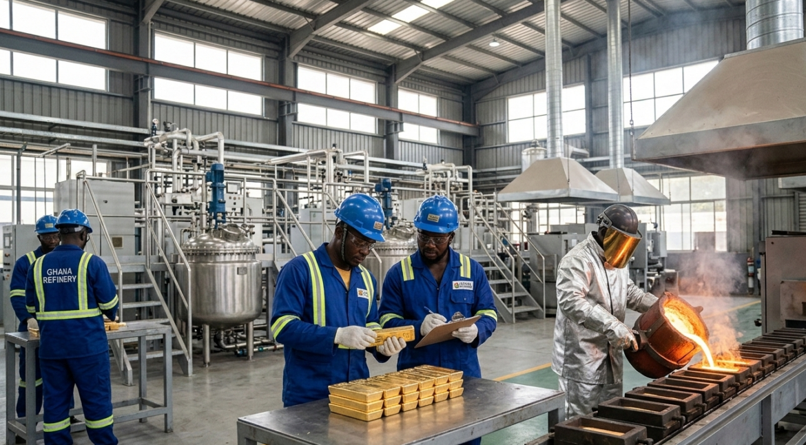 Workers inspecting gold bars at a modern gold refinery facility in Ghana