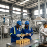 Workers inspecting gold bars at a modern gold refinery facility in Ghana